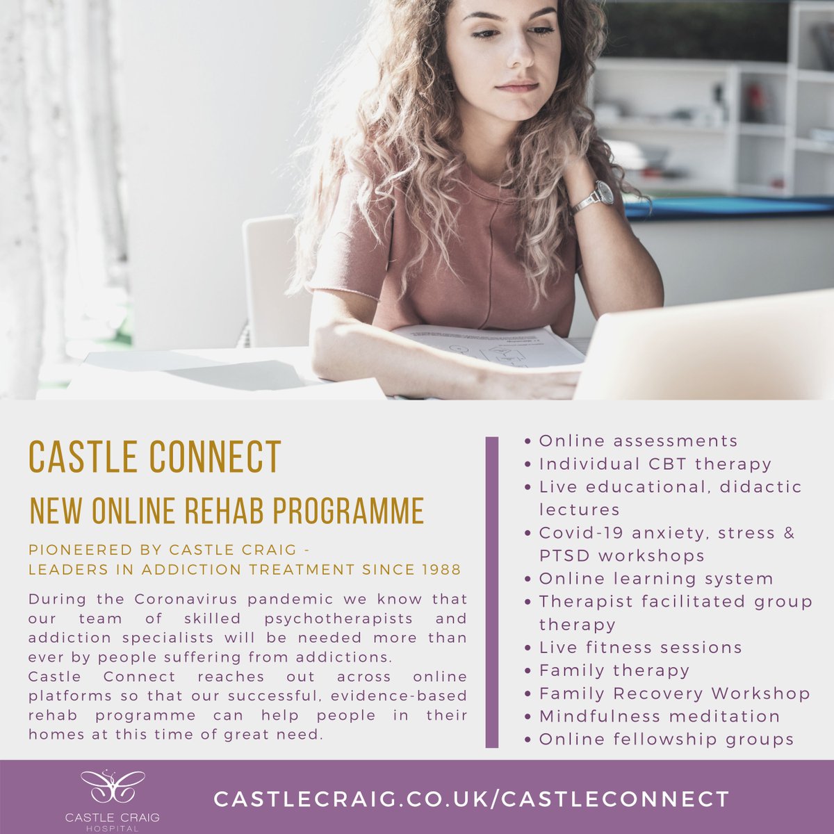 CastleCraig's tweet photo. A life line for addiction sufferers during lockdown. Castle Connect - our online treatment programme for addictions. #castleconnect #coronavirusuk #pandemic #covid19UK #letsbeataddiction #telehealth https://t.co/PSurVCiur2