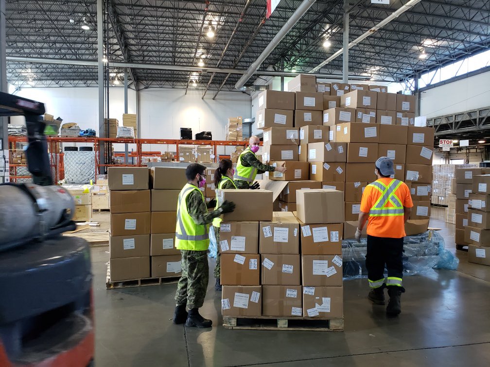 HarjitSajjan's tweet photo. Our women &amp; men of the @CanadianForces are always there for Canadians when they need them, like on Monday when they helped @GovCanHealth to unpack a shipment of 8 million surgical masks that will help our healthcare workers across the country. #ReadyToServe #CAF #COVIDー19 https://t.co/OJf2rV0839