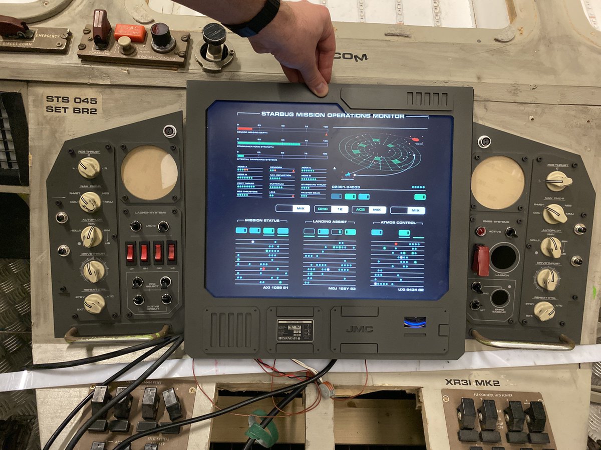 Once assembled, light passes through the etched area giving a bespoke, backlit console that has all the scripted functions so the actors have something to work to. The antique flatscreen was refreshed with a laser cut surround, and vinyl stickers serve as mini-radars  #reddwarf