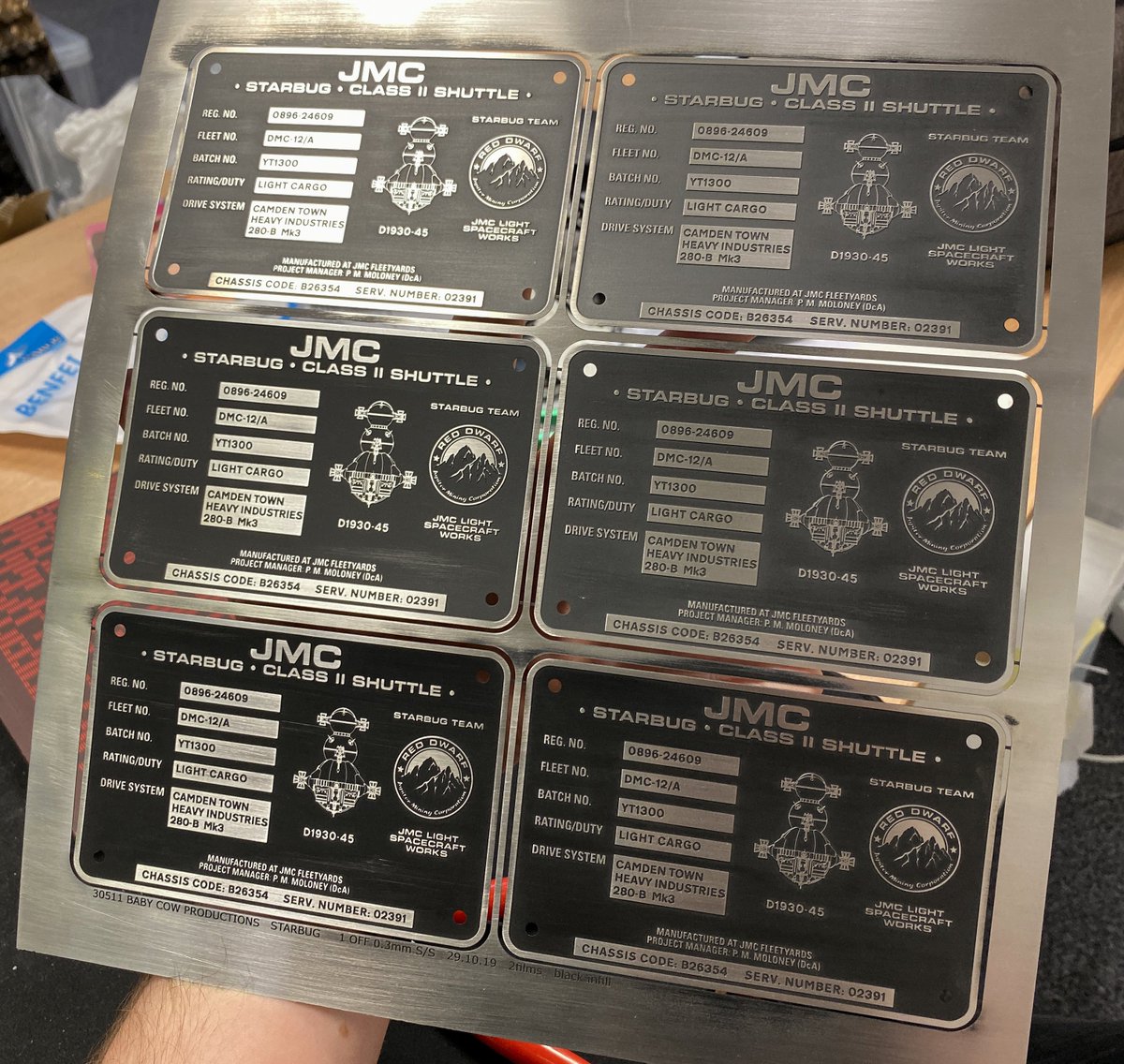 I designed these data plaques on Series XII, but back then they were printed on inkjet foils. As an upgrade, this time around they were actually engraved from stainless steel with a black ink infill. The camera dept stole most of these at the end…  #reddwarf