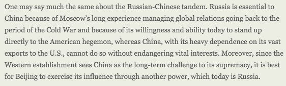 Gilbert Doctorow outlined all this way back in 2017. When you read the MSM shrieking about Russia or China, this is all it's ever ultimately about: https://consortiumnews.com/2017/10/23/russia-china-tandem-changes-the-world/