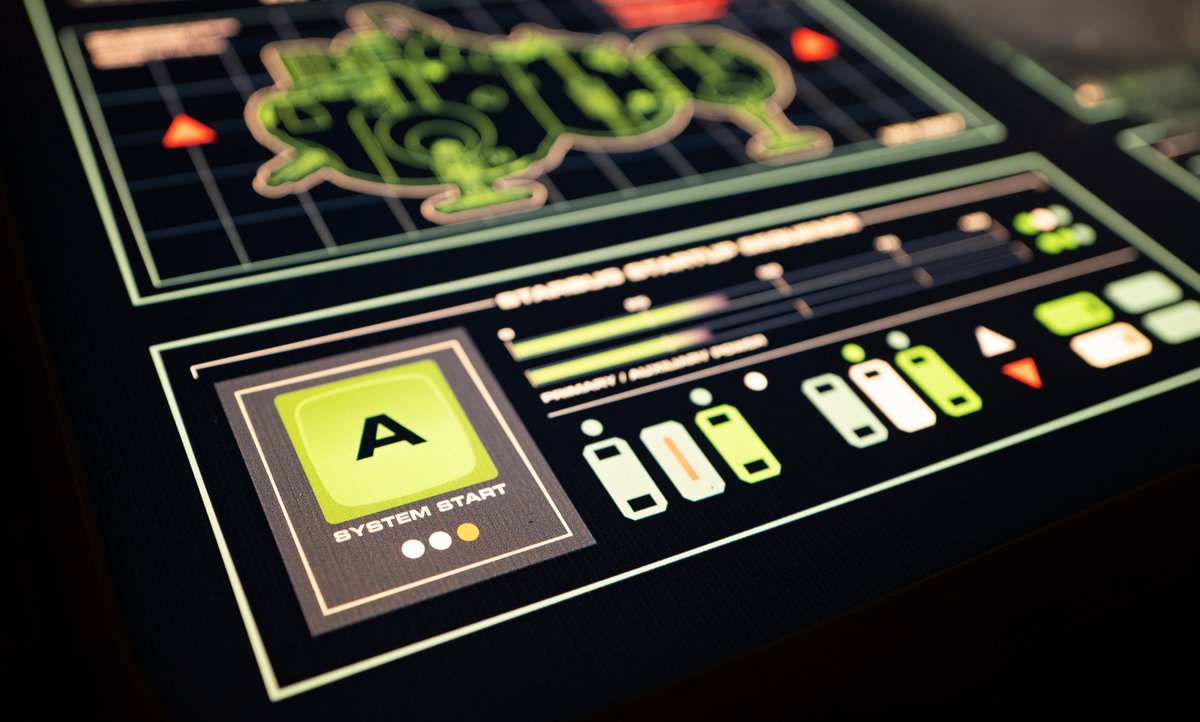 New details include a start button, more tech-y elements to break up all the rows of dots and lines from before, and some different outline views of Starbug.  #reddwarf