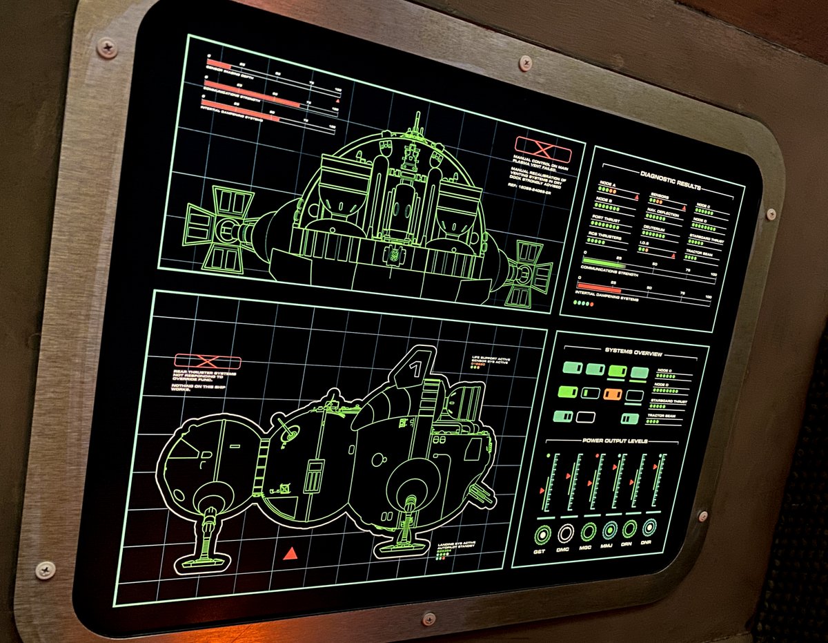 New details include a start button, more tech-y elements to break up all the rows of dots and lines from before, and some different outline views of Starbug.  #reddwarf