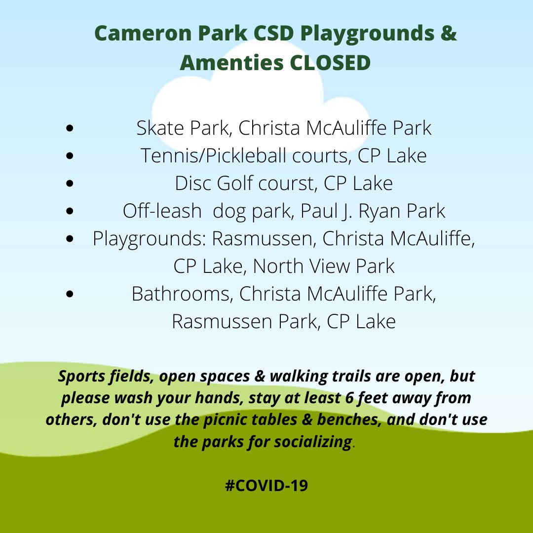 We maybe tempted by cabin fever, great weather &amp; the holiday weekend to disregard the State's Stay At Home order, but take a look at what's open and closed at the <a href="/CameronParkCSD/">CameronParkCSD</a> #COVID19 #StrongerTogetherSaferApart #ExerciseNotSocialize