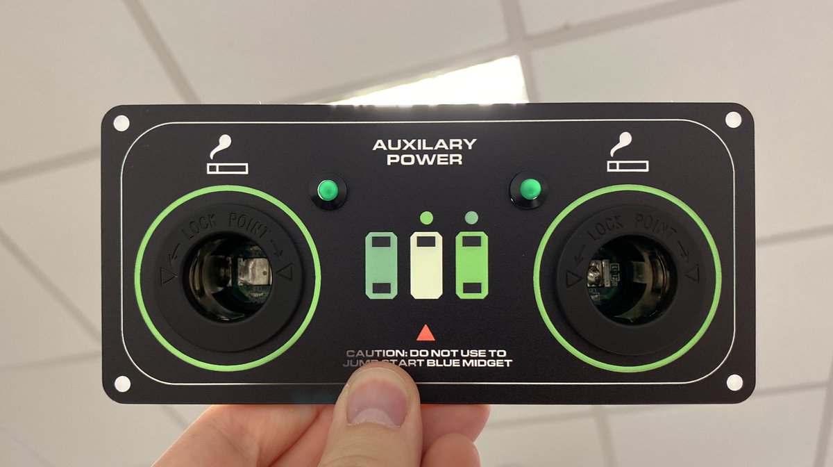 Other bits for the first day of filming included Rimmer’s charging port in Starbug. Printed as one of the rest of the backlit panels, this had holes laser cut to fit off-the-shelf cigarette lighter ports as well as some indicator LEDs.  #reddwarf