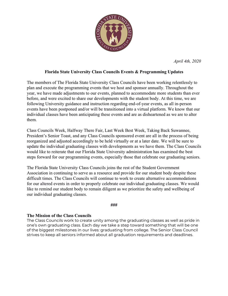 FSUClassCouncil's tweet photo. The FSU Class Councils are doing everything we can to support and ensure the safety of our student body while still recognizing their accomplishments. As we transition our events to different platforms, we will be sure to update our graduating classes on all developments. https://t.co/xlF0TWMByE