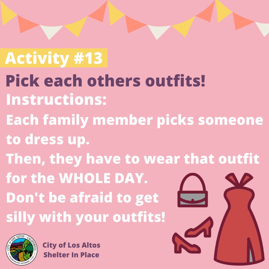 Losaltosrec's tweet photo. Change it up! Have another family member pick out your outfit and you pick theirs. Don't be afraid to get silly with your outfit choices! The crazier, the better because that person has to wear the outfit for the WHOLE DAY! #losaltosrec https://t.co/JIMzd6EnIB