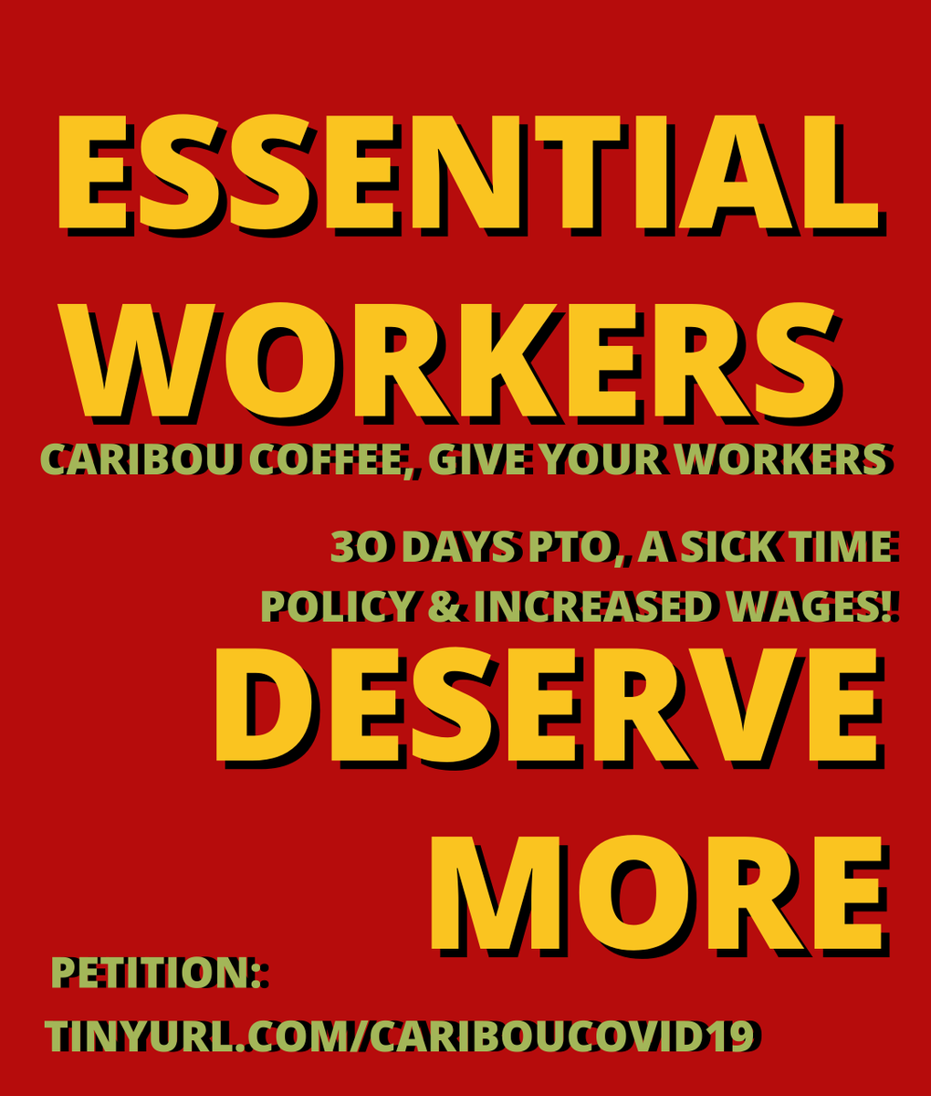 rocminnesota's tweet photo. Caribou Coffee workers ARE essential workers, but
@cariboucoffee @jbutcher5 @kswsh
and JAB Holding Company are putting workers’ health at risk!
#BooToBou
Do the right thing: close stores NOW, 30 days of hazard PTO, sick time policy & increase wages! https://t.co/6fH1JdKj0j https://t.co/DsFzgHfZSh