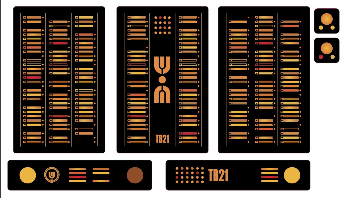 For the central room, I designed these backlit panels to provide background detail as well as a soft light source. I looked to lovely old 70’s computers for inspiration on these - these shapes could maybe be physical cards or drives that slot in and out  #reddwarf