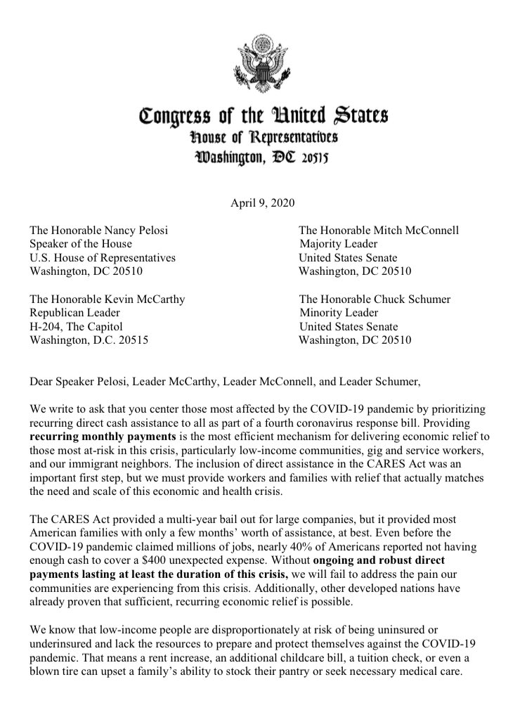 Thanks to  @RepPressley,  @RepRaskin,  @repcleaver,  @RepEscobar,  @Ilhan &  @RepAOC for joining me in leading this bicameral push for recurring, direct payments to the most at-risk in the next   #COVID19 response bill. We must ensure they& #39;re able to meet their basic needs through this.