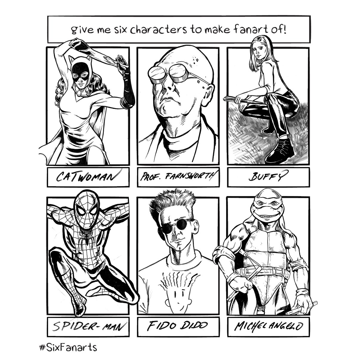 Here's my finished piece for the #SixFanarts challenge!  Great fun to work on.  I might do another six from the leftover suggestions!  #sixfanart #SixFanartsChallenge #catwoman #futurama #buffy #spiderman #fidodido #tmnt