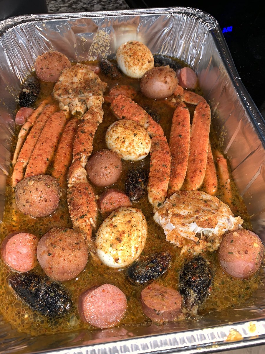 Then just add your seafood and pour the water you seasoned with butter over the food. You can add anything you like. Just boil the eggs and potatoes before. If you want corn, boil that as week before adding. Put it in the oven on 350 for 30 minutes covered in foil. DONE!