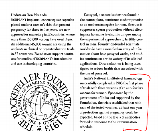 "Oh but TANG, those are just ideas they floated, it's not like they ever funded or implemented them. It's not like they made an anti-fertility vaccine! lmao"Yeah, ok, let's check out the Rockefeller Foundation Reports from 1968 and 1988 and see what we can find then 