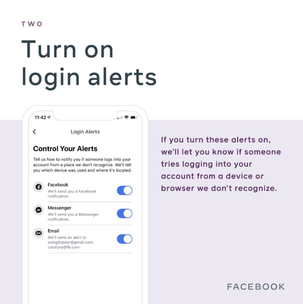 3/ Sign up for login alerts. We’ll let you know if someone tries logging into your account from a device or browser we don’t recognize:  https://www.facebook.com/help/162968940433354