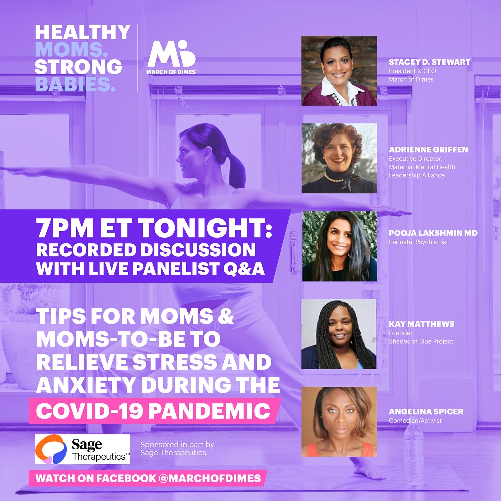 MarchofDimes's tweet image. Visit facebook.com/marchofdimes to view Healthy Moms, Strong Babies: Tips for Moms and Moms-to-Be to Relieve Stress and Anxiety During the #COVID19 Pandemic. Our expert panelists are standing by starting at 7 PM EDT to answer your questions in the comments section.
