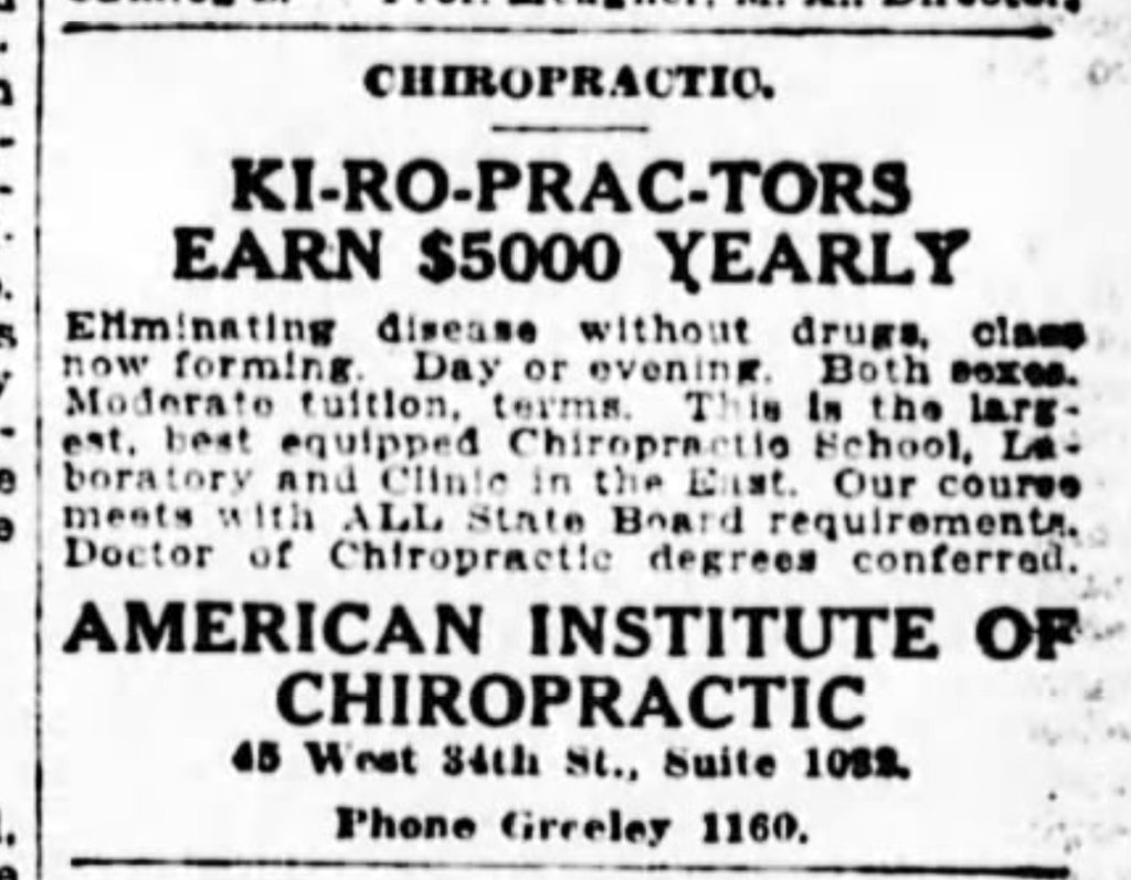 I'd love to see this "table" with these meticulously-kept numbers.Because there was ONE paper from NYC in 1918 with "chiropractic flu cure," and the chiropractic hit was from this ad.
