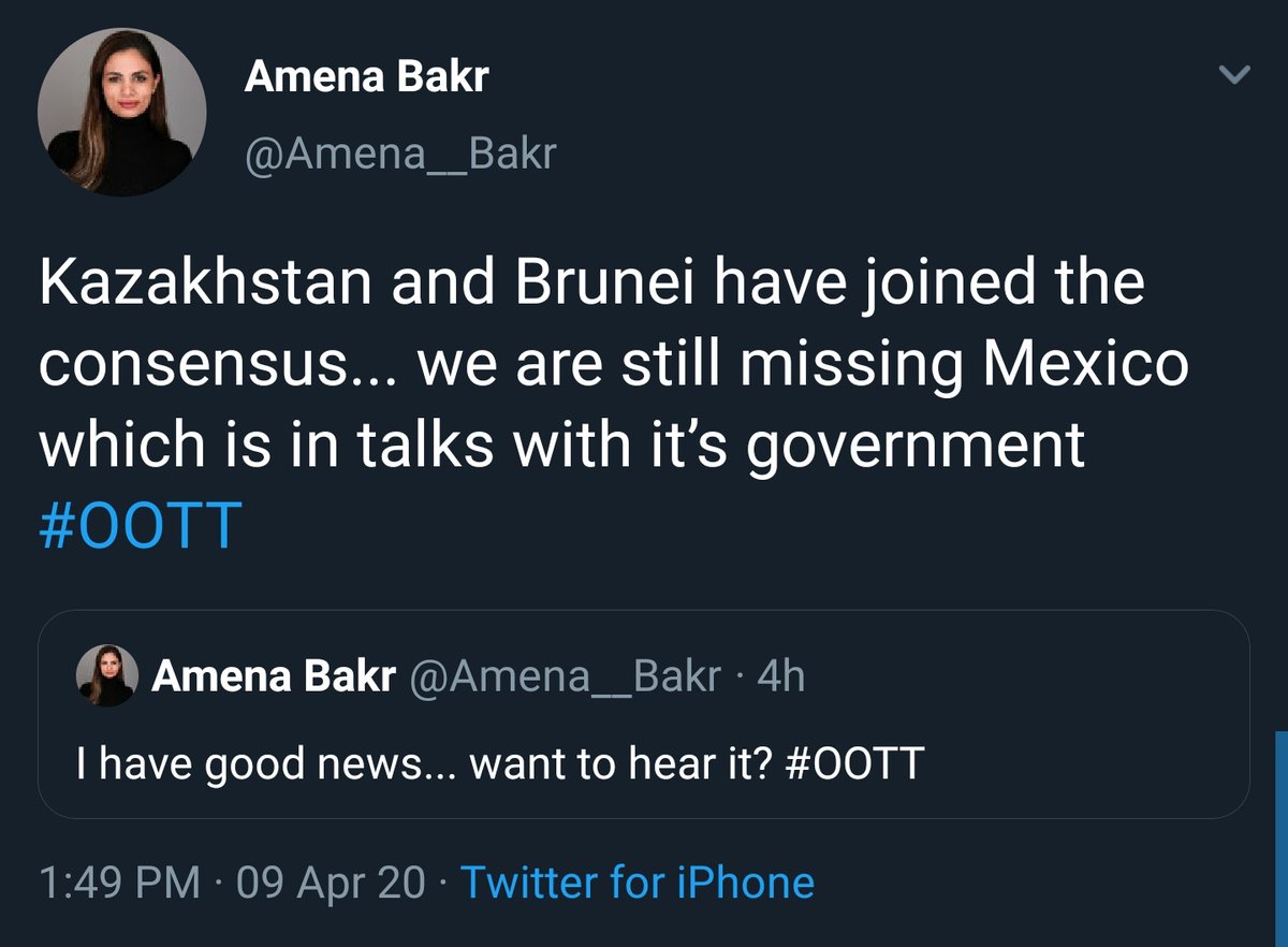 Kazajastan y Brunei, estuvieron de acuerdo y México se resistía a hacer los cortes necesarios. Estuvieron manteniendo esperando al grupo del OPEC en lo que la secretaria consultaba con AMLO.