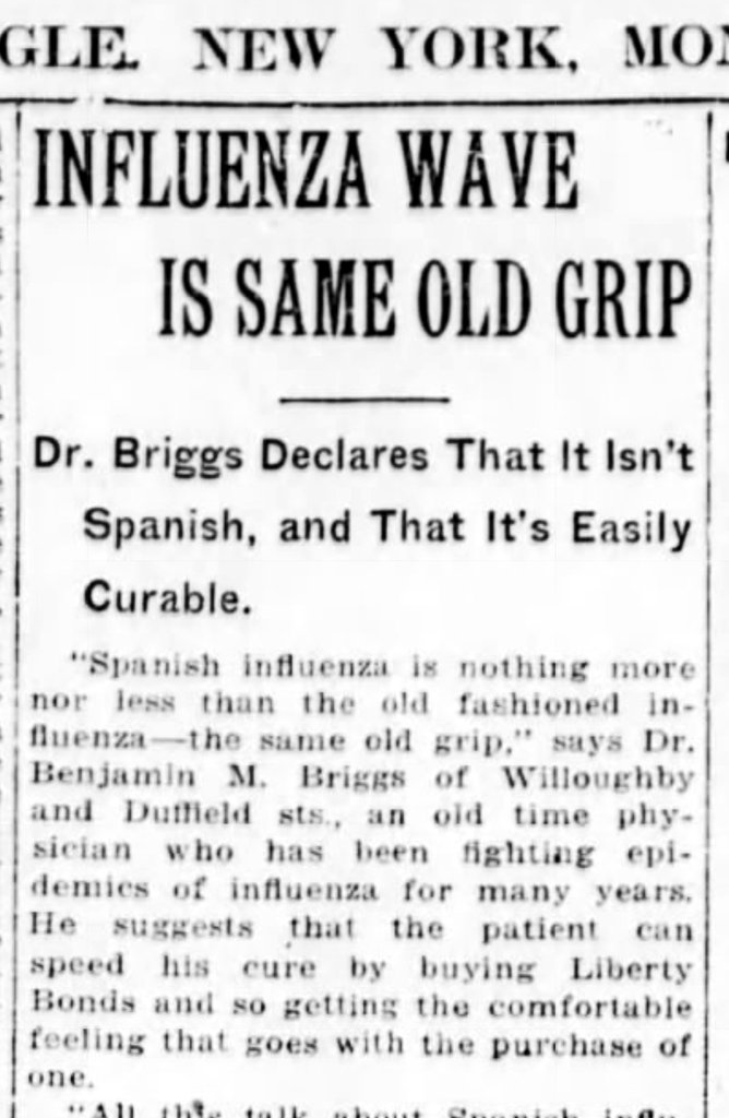 First result for 1918 NYC. End of September. Apparently an old-timer doc said its just the flu... And Brooklyn Chiropractors are advertising their services for succeeding where medicine has failed—but not specifically for  #influenza.