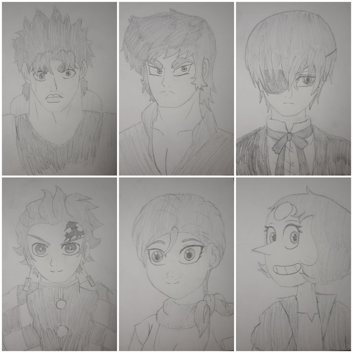 Rosiedoodlez's tweet photo. Did the 6 fanart challenge!
From left to right we have:
Jonathan joestar 
Akira fudou 
Ciel phantomhide
Tanjiro kamado
Bulma briefs 
And pearl 
#art #drawings #6fanartschallenge https://t.co/7gAyKqpPYy