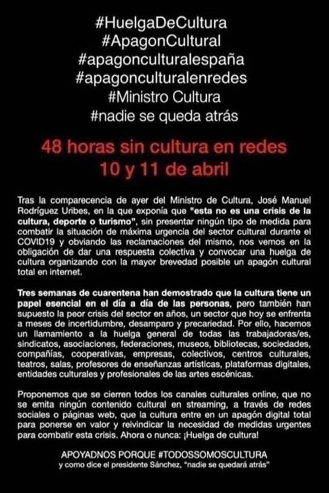 ByDavidGomez's tweet photo. La #Cultura en #España está de luto. Nuestro “Ministro?” de Cultura (Uribes) ha conseguido la 1ª huelga on-line de la historia de nuestro país. Es para estar orgulloso Sr Ministro. 
Yo me sumo al #ApagonCultural #48Horas sin cultura. https://t.co/DCH30e3JyV