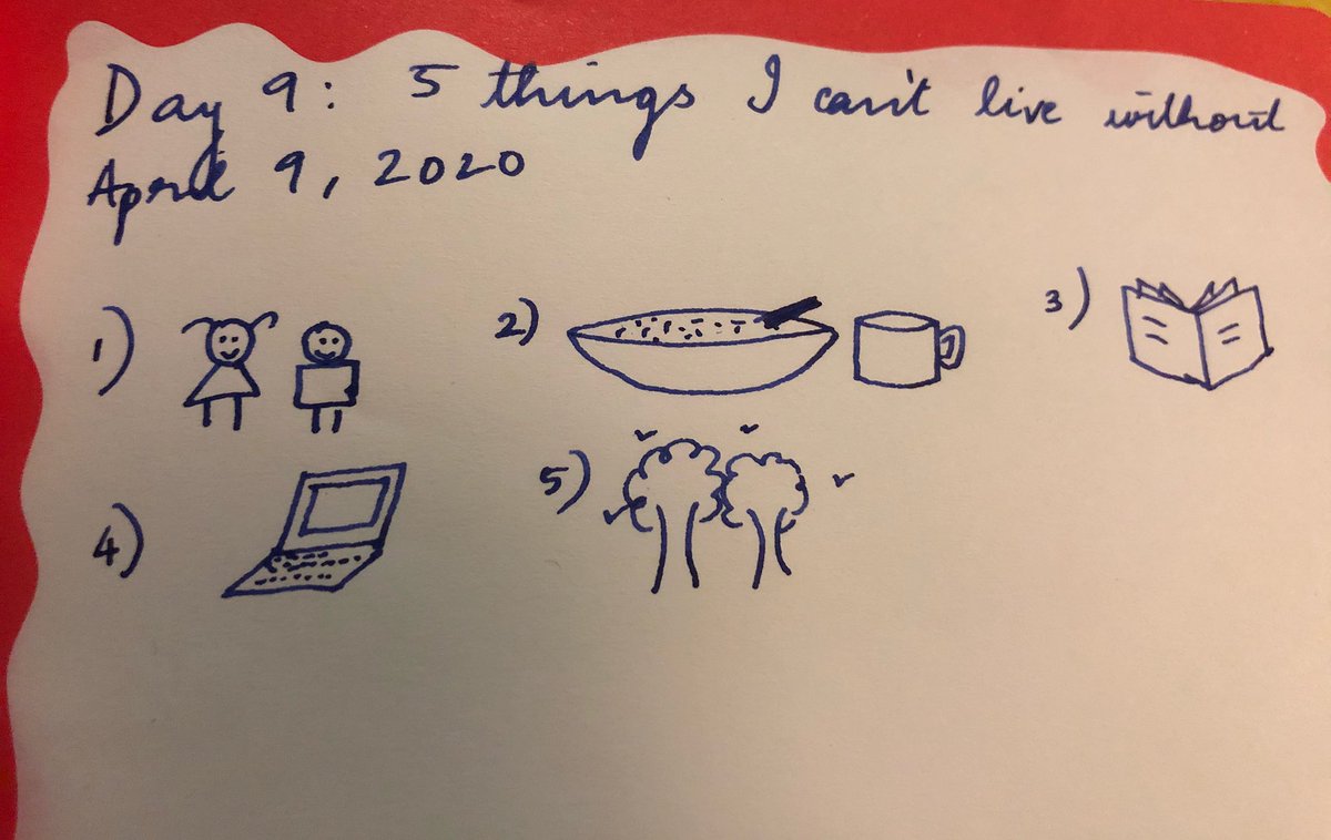 Day 9: 5 things I can’t live withoutHad to pick five so picked kids, good food, books, laptop and going out. The last two are nice to haves and not must haves. Can totally live without my laptop and going out if I have my kids food and books