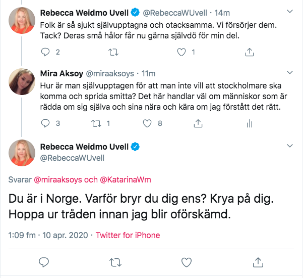 miraklangs's tweet photo. Enligt @RebeccaWUvell får man inte ha åsikter om Sverige om man inte bor i landet. Särskilt inte om stockholmare, för då hotar hon med att vara oförskämd. Skål 🍷 https://t.co/AFEWFpNMFf