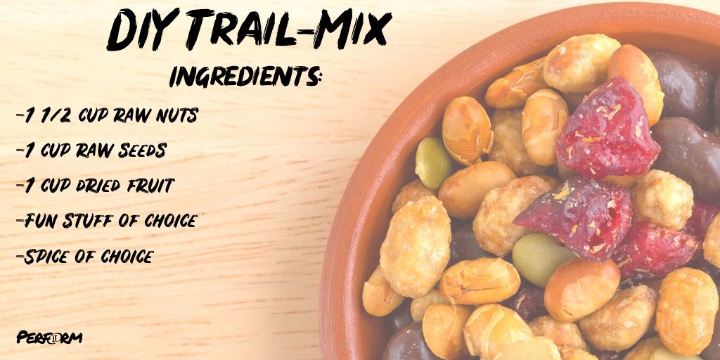 OiPerformance's tweet photo. #ThursdayEats: DIY Trail-Mix🥜
For the ingredients list, you are able to put it anything of your choice of each category. For example, for the nuts you can use peanuts. For fun stuff, this could mean chocolate chips. It is all up to you!
#PurposefullyDriven https://t.co/j5bDW8Oy76