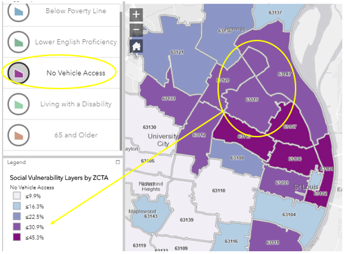 Between 22.5 and 30.9% of 63115's residents also lack access to a car ...