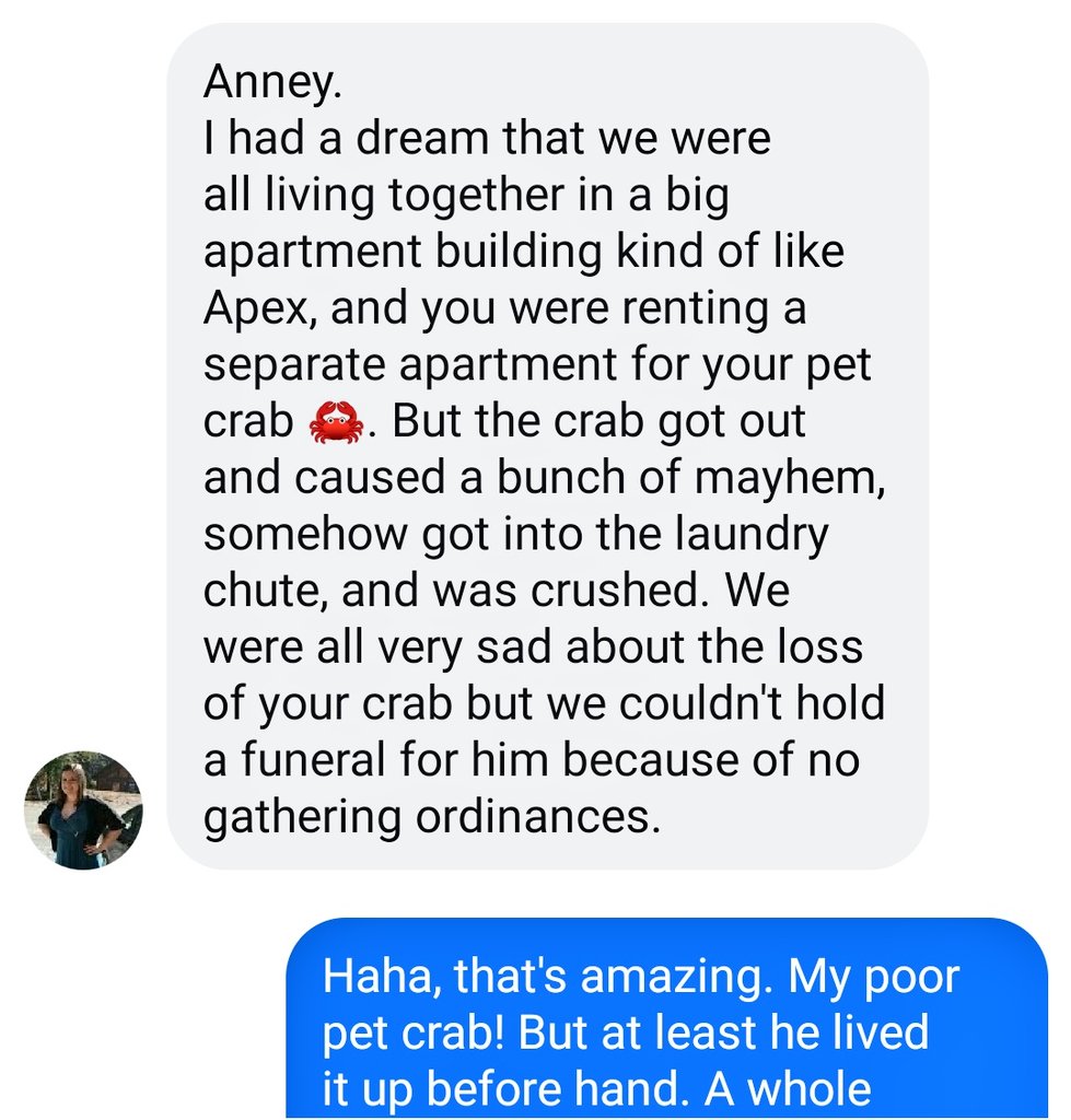 This is the best text I've received in a long time. Now I want a pet crab.