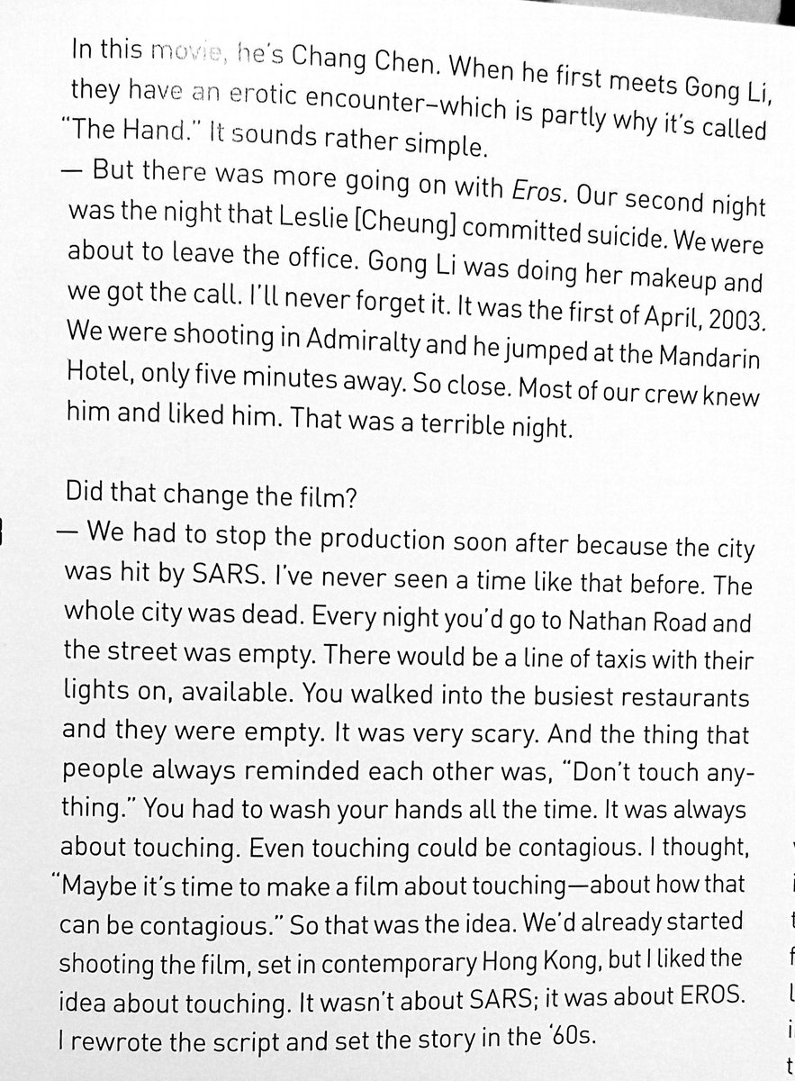 Wong Kar Wai on shooting EROS: THE HAND. How it came about, shooting during the SARS epidemic in 2003 and how that inspired the film and learning about Leslie's suicide.