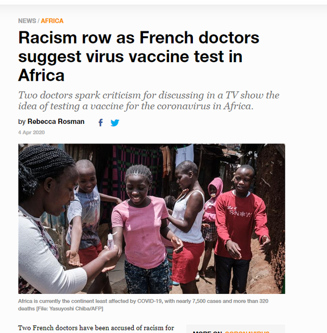 French doctors suggest vaccine trials in Africa because they're poor....They're the good guys.Cheeto-man bad......LOL https://www.aljazeera.com/news/2020/04/racism-row-french-doctors-suggest-virus-vaccine-test-africa-200404054304466.html