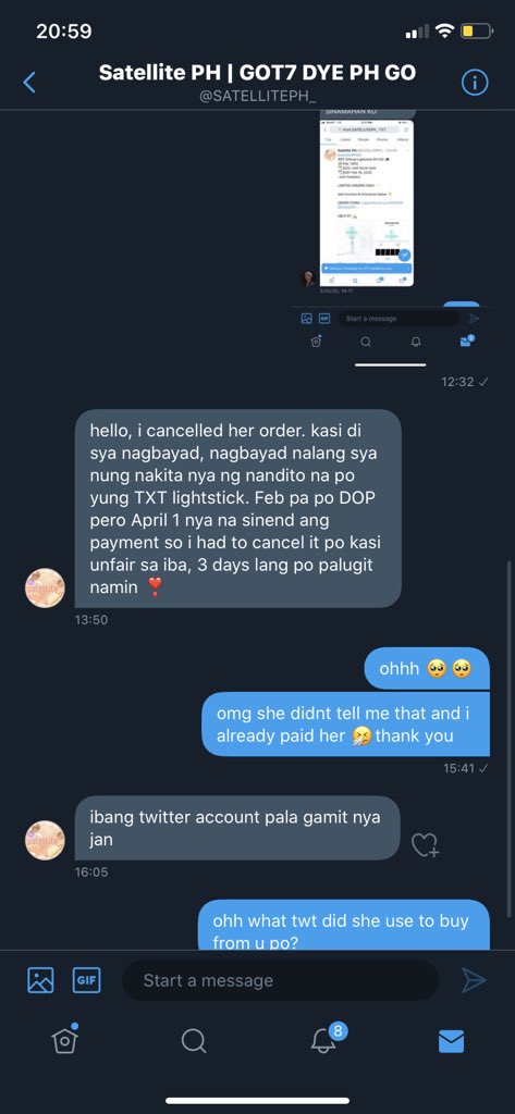 1. There has been some issues between us and @/ughpjm__ she actually lied to one of us about a slot for a lightstick in a shop. ss below shown that the shop cancelled the order due to her late payment but she still wanted to sell it. we dk if she was aware about the cancellation.
