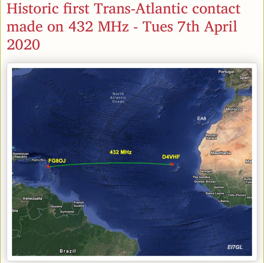 amatradio's tweet photo. 📡 On Tuesday, a remarkable contact was made on the #FT8 digital mode on 432 MHz between D4VHF on the Cape Verde Islands and @FG8OJ in the Caribbean.

This was the first 70cm trans-Atlantic contact without using satellites or the moon. #hamradio #hamr

https://t.co/gxJcFdznah https://t.co/1D8TSO5ftT