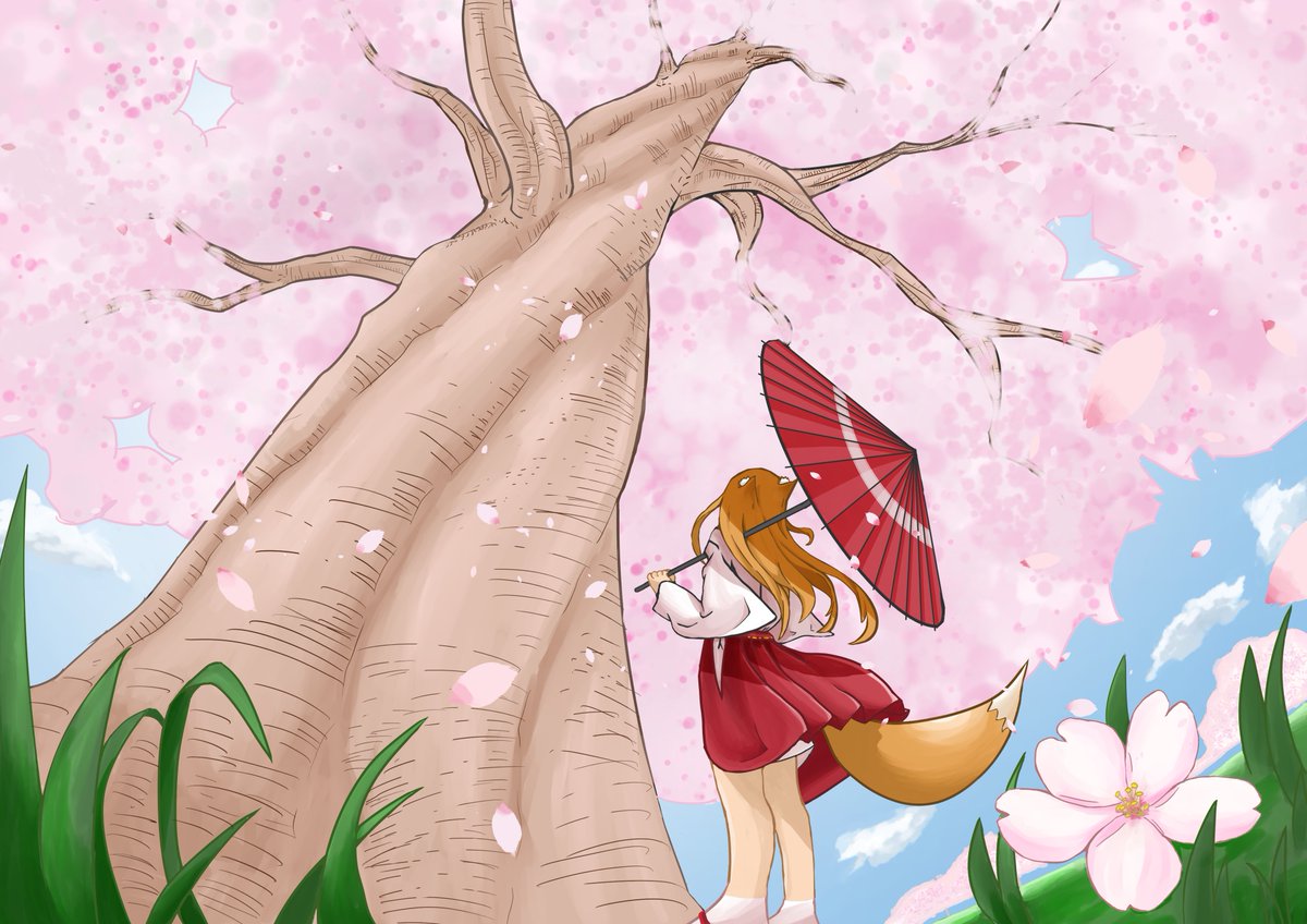 #イラスト好きな人と繋がりたい 
桜と狐 