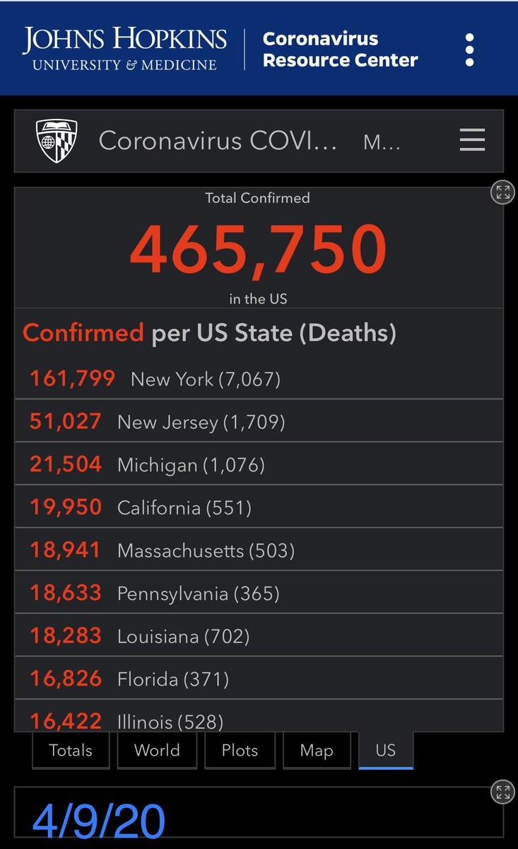 4/9/20 https://coronavirus.jhu.edu/map.html 