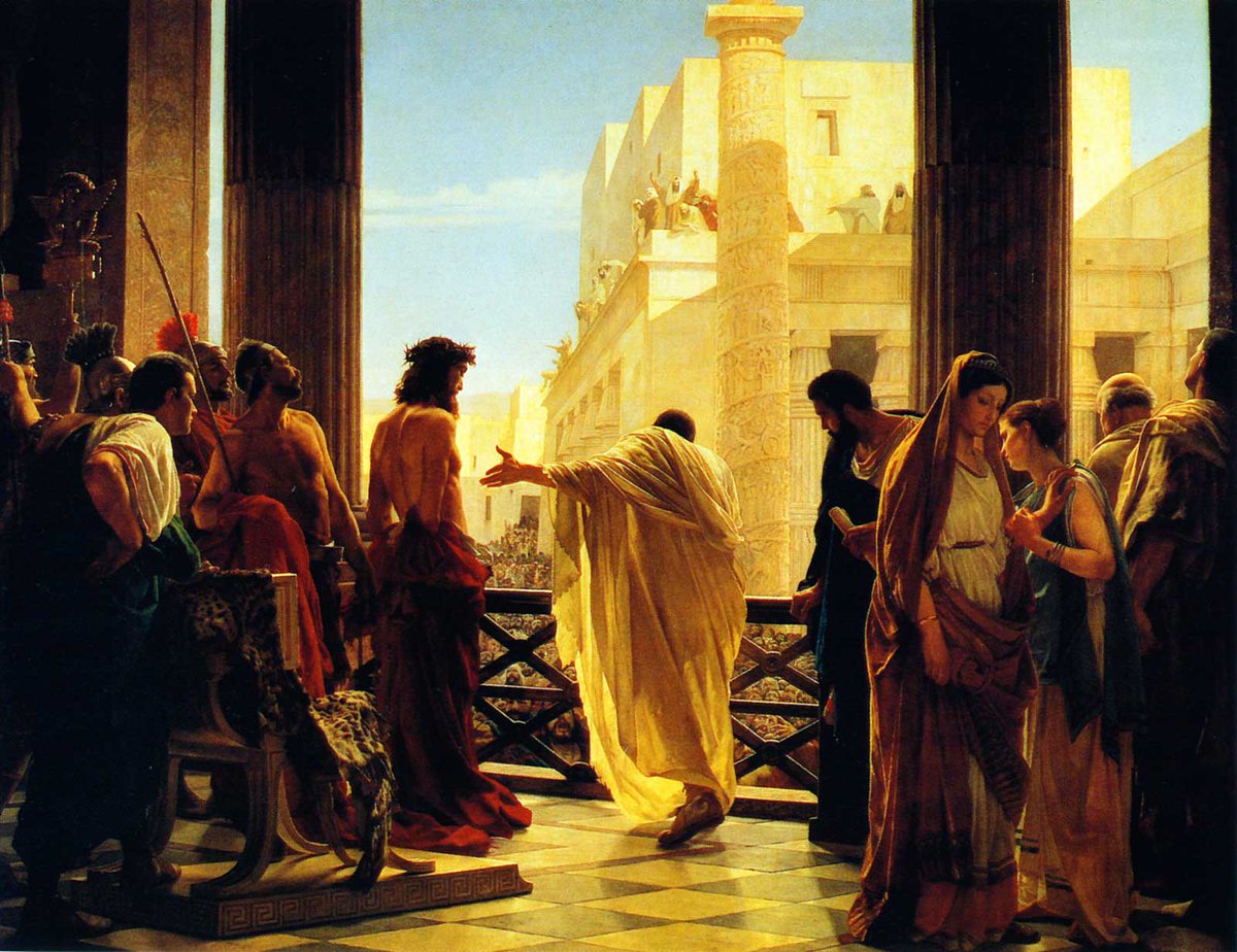 At nine o'clock. Pilate presents Jesus to the people, saying to them, Behold the man.