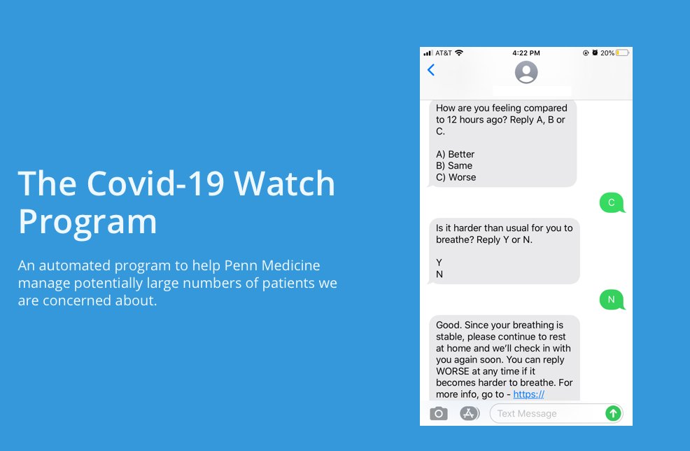 5) Enrolled my first discharged patient in  @PennMedicine's remote monitoring program COVID-19 watch program ( https://covidwatch.waytohealth.org/ ) - will get text-message check-ins and easy access to a care team to escalate care when needed. Was easy to do!