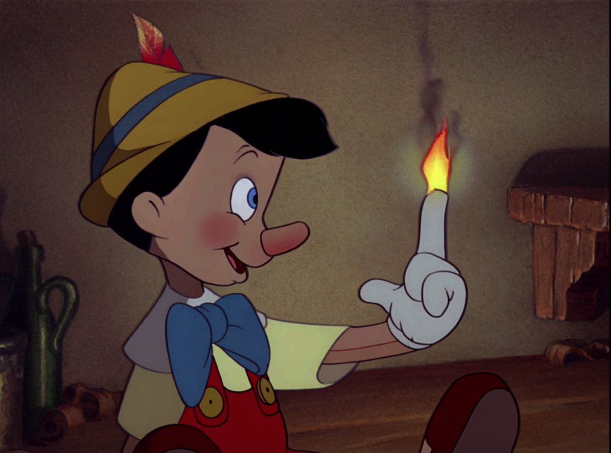 You could stay in this first act all day, but one brilliant beat: Pinocchio setting himself on fire. Any great Story Team will tell you that a character's needs clear, inherent stakes and this moment is pure, real-world fear. Pinocchio burns. The world he's entering ISN'T safe.