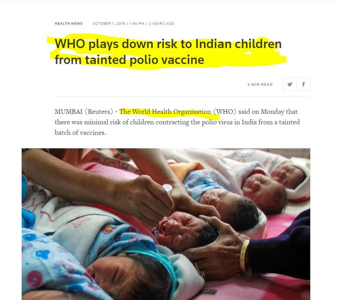 It's okay liberalsTake your vaccinesIt's not your daughters with the crippling disfigurementsIt's only poor 3rd world nothing-people that have to go through the trials https://www.reuters.com/article/us-india-health-polio/who-plays-down-risk-to-indian-children-from-tainted-polio-vaccine-idUSKCN1MB3H1