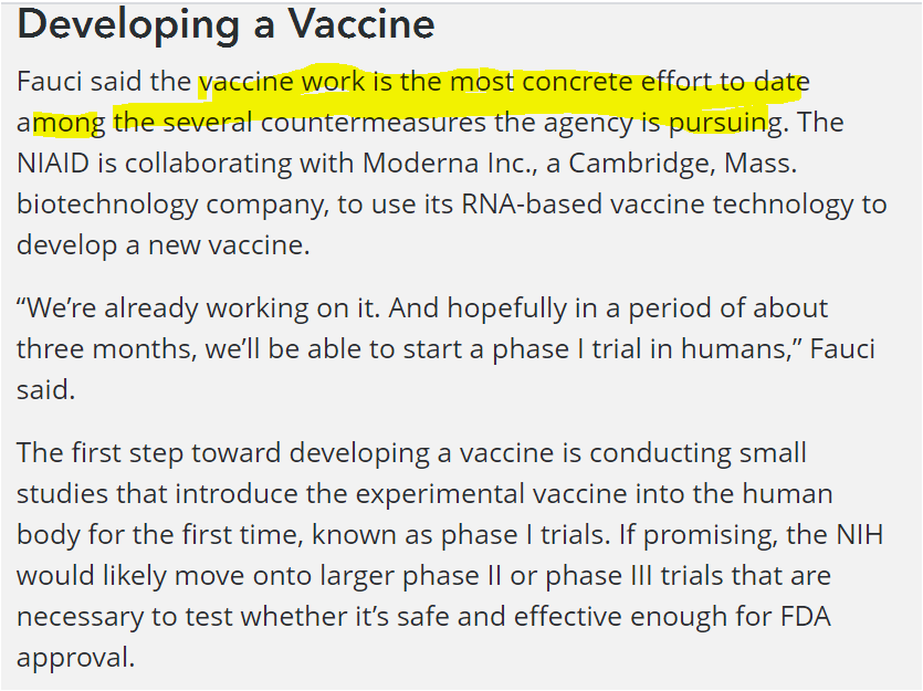 4/ on Jan 22, Fauci had given interview to Bloomberg Law in which he optimistically discussed US efforts to develop vaccine, which he described as the "most concrete" efforts being undertaken by US agencies. He had very dilatory schedule. https://news.bloomberglaw.com/health-law-and-business/coronavirus-vaccine-candidate-eyed-for-human-trials-by-april