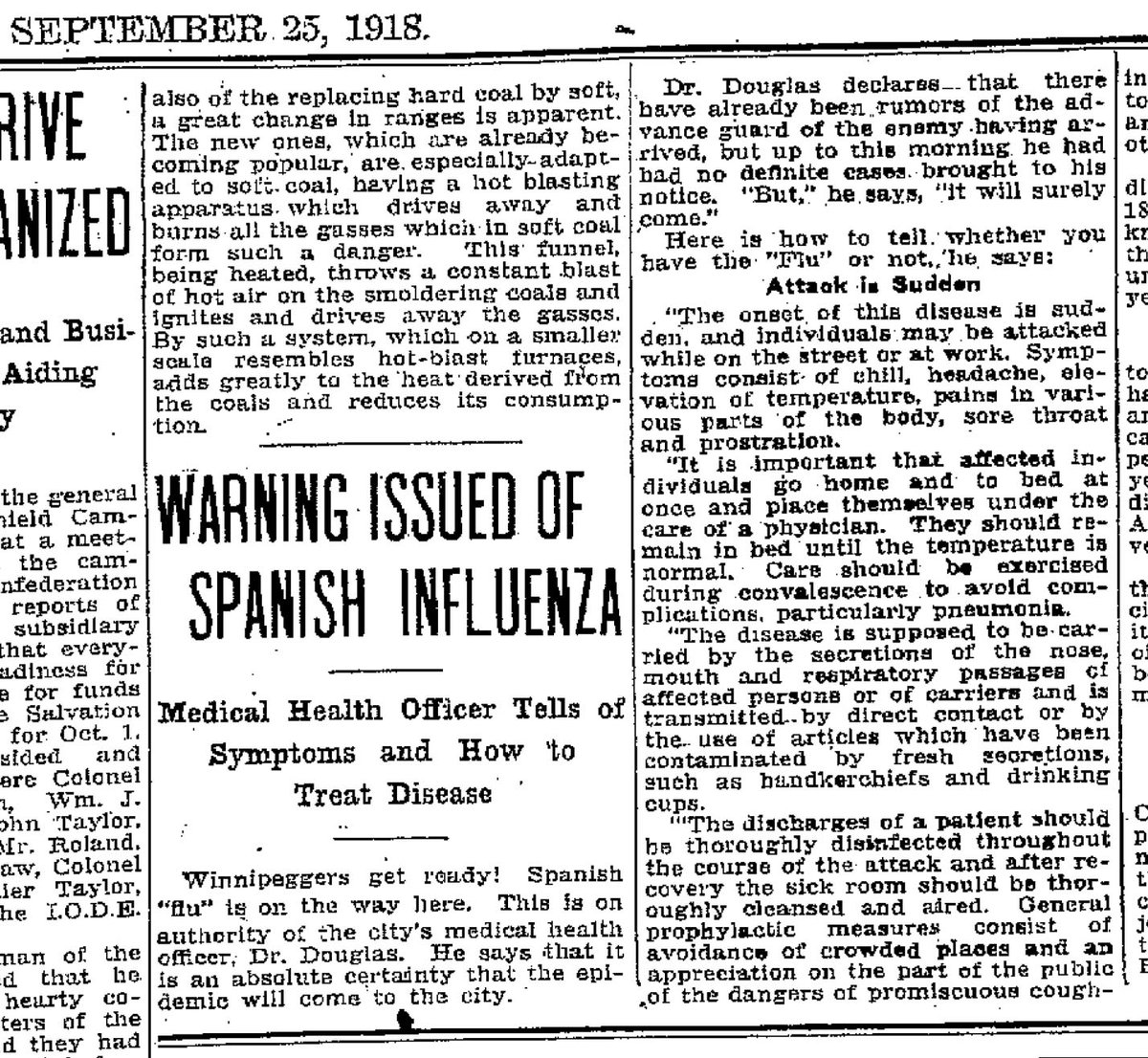 ‘Winnipeggers get ready!’ - By the last week of September 1918, a statement was issued by the medical health officer, warning that the pandemic was coming and explaining what could be expected.