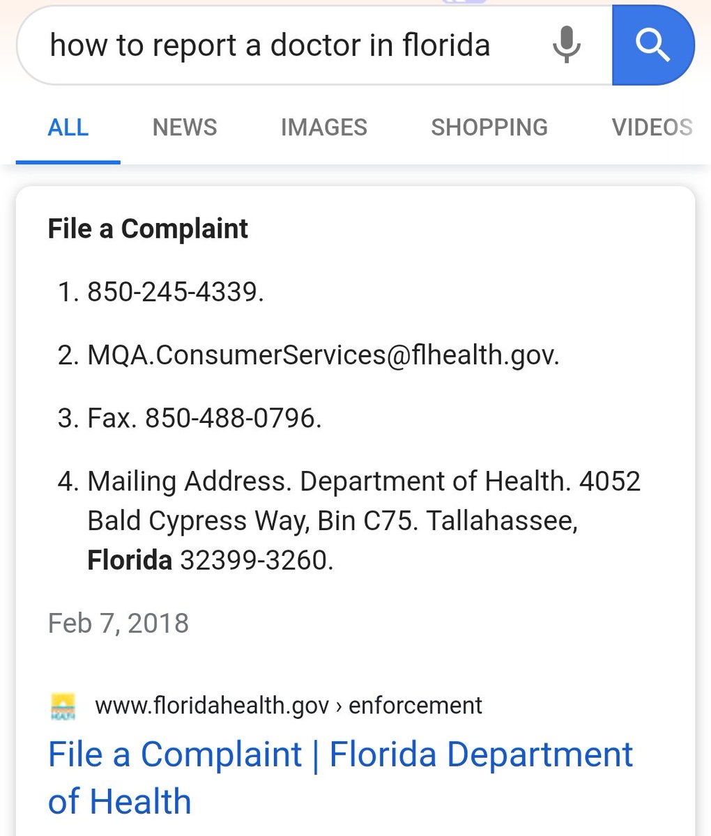 tejaswoman's tweet photo. @nancylevine @Dr_Haridopolos @realDonaldTrump @GovRonDeSantis How to report a doctor in Florida:
File a Complaint
1. Call 850-245-4339.
2. Email: MQA.ConsumerServices@flhealth.gov
3. Fax 850-488-0796.
4. US Mailing Address @HealthyFla:
Department of Health.
4052 Bald Cypress Way, Bin C75 Tallahassee,ย #Floridaย 32399-3260
#BadDoc https://t.co/stjZ1zyAnX