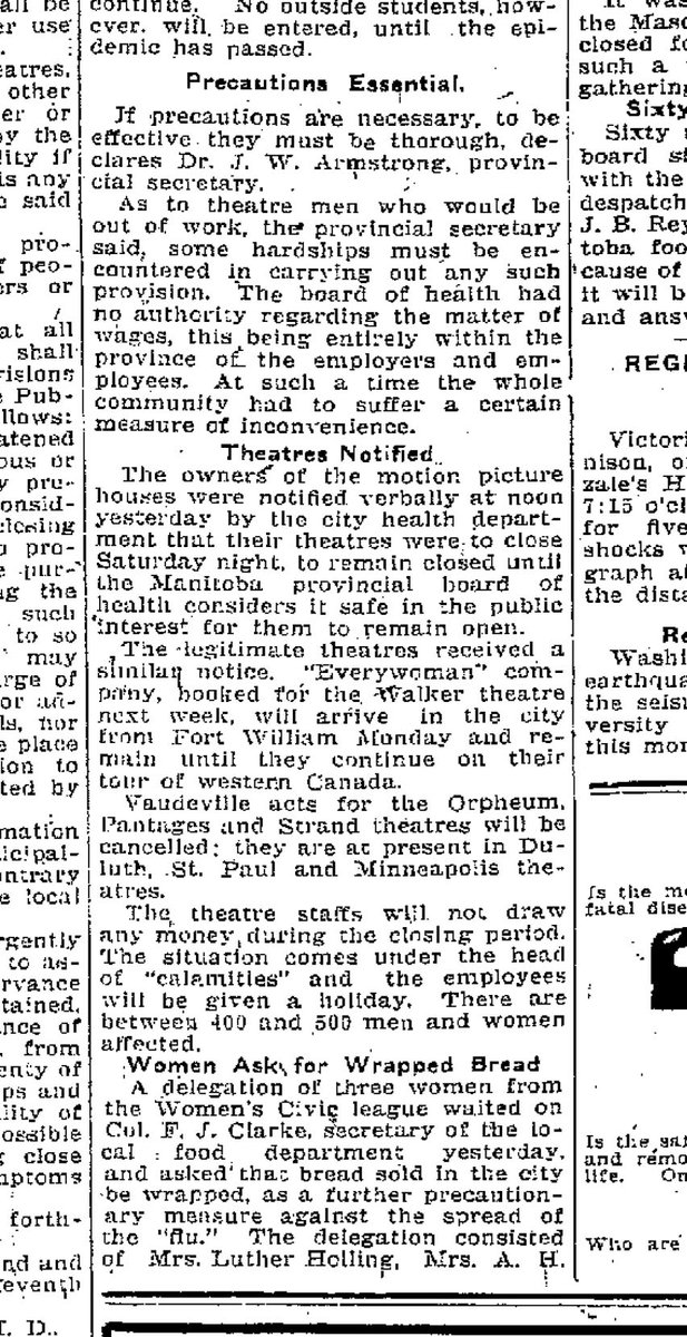Motion picture houses and Legitimate theatres were closed. 400 to 500 men and women were put out of work.