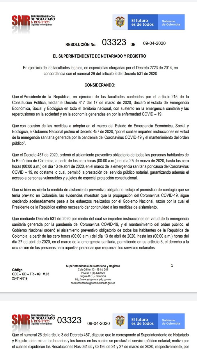 Supernotariado's tweet photo. #Atención | La @Supernotariado expidió la Resolución 03323 en la que se define el horario de atención de las notarías desde el 13 de abril. Los municipios con una notaría prestarán el servicio lunes, miércoles y viernes. Para los demás círculos se definió un cronograma de turnos. https://t.co/Agso9aoFX9