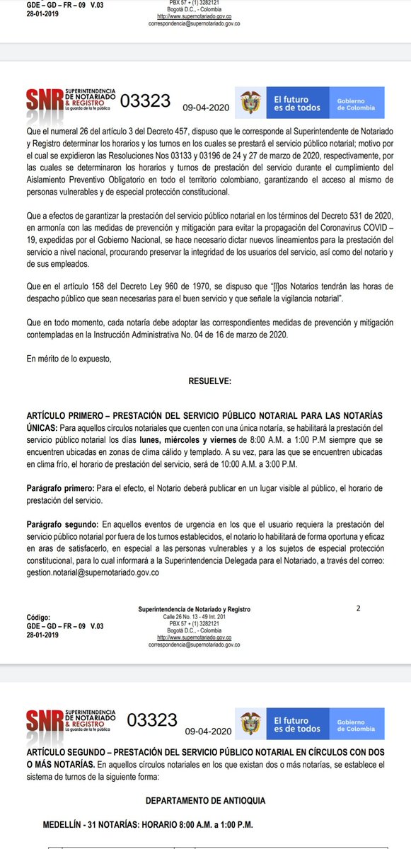 Supernotariado's tweet photo. #Atención | La @Supernotariado expidió la Resolución 03323 en la que se define el horario de atención de las notarías desde el 13 de abril. Los municipios con una notaría prestarán el servicio lunes, miércoles y viernes. Para los demás círculos se definió un cronograma de turnos. https://t.co/Agso9aoFX9