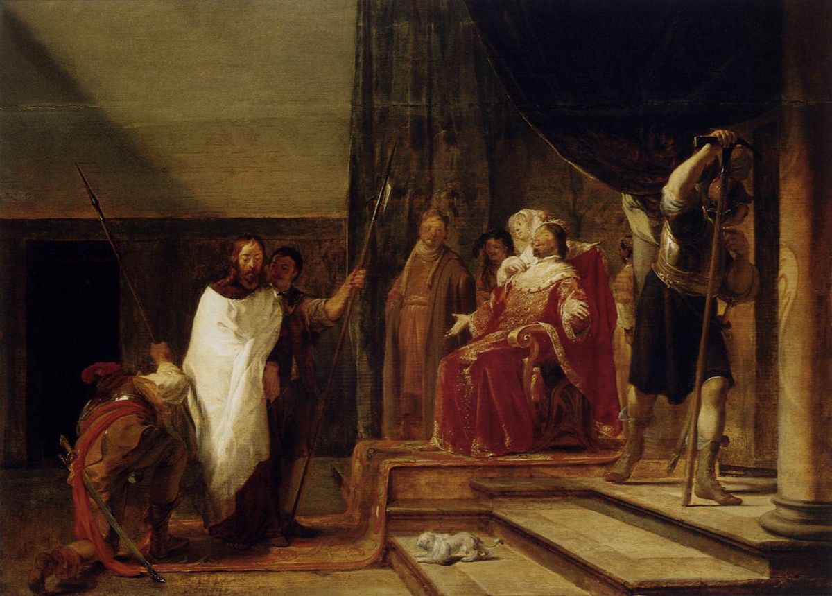 At five o'clock. Pilate sends Jesus to Herod, who clothes him with a white garment in derision.