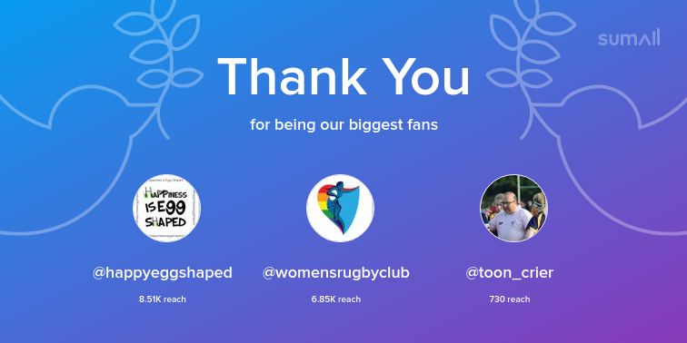 Our biggest fans this week: happyeggshaped, womensrugbyclub, toon_crier. Thank you! via sumall.com/thankyou?utm_s…