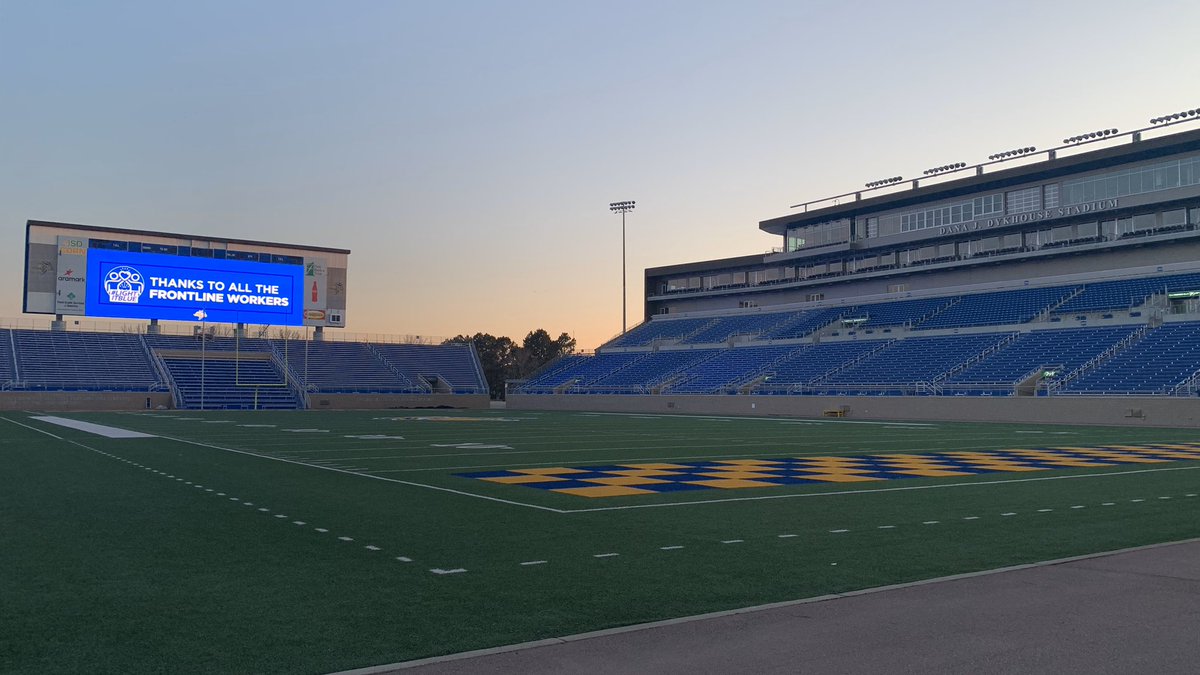 GoJacksSDSU's tweet photo. Dana J. Dykhouse Stadium is joining a global initiative to show support and gratitude to the health care professionals and essential workers fighting on the front lines against #COVID19. 

To all those fighting on the front lines, thank you. 💙

#LightItBlue #GoJacks https://t.co/SRHxPPVPv0
