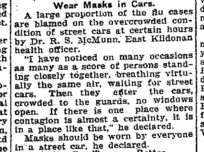 Like today, there was debate about wearing masks in public places, with the health officer proclaiming that everyone riding in street cars should be wearing one.