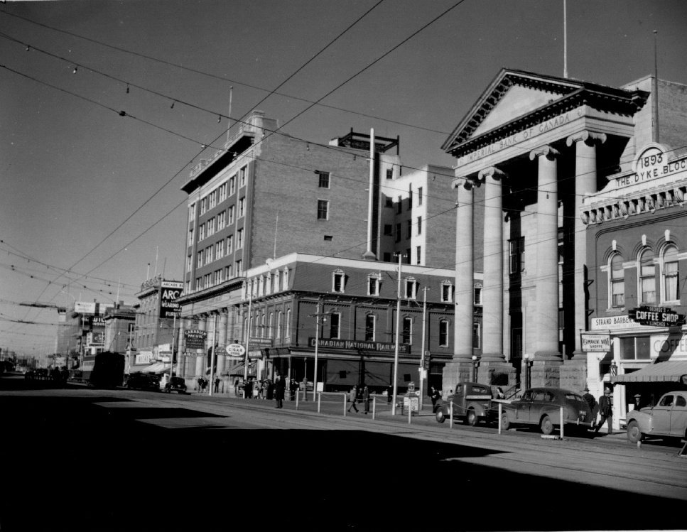 Apr9, 1892 • Gariepy Block #OTD, Joseph H. Gariepy purchases landmark property for $1,200 from Felix Pagerie (Alberta Hotel manager). By 1898, Gariepy would construct this Second Empire style building (centre) located at 10004-Jasper Avenue  •1947  #EdmontonWhenAndWhere